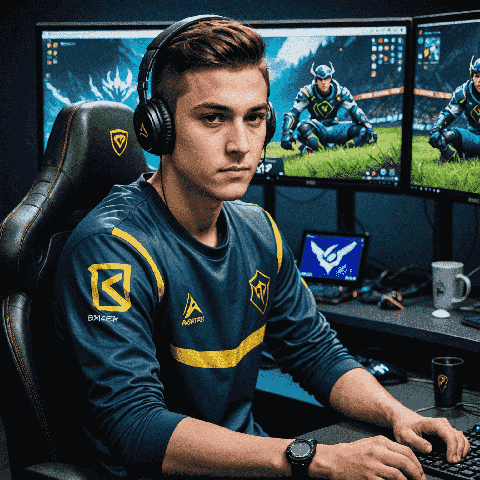 Arteezy, a professional Dota 2 player, sitting at his gaming setup with multiple monitors displaying Dota 2 gameplay. He's wearing a team jersey and has a focused expression.