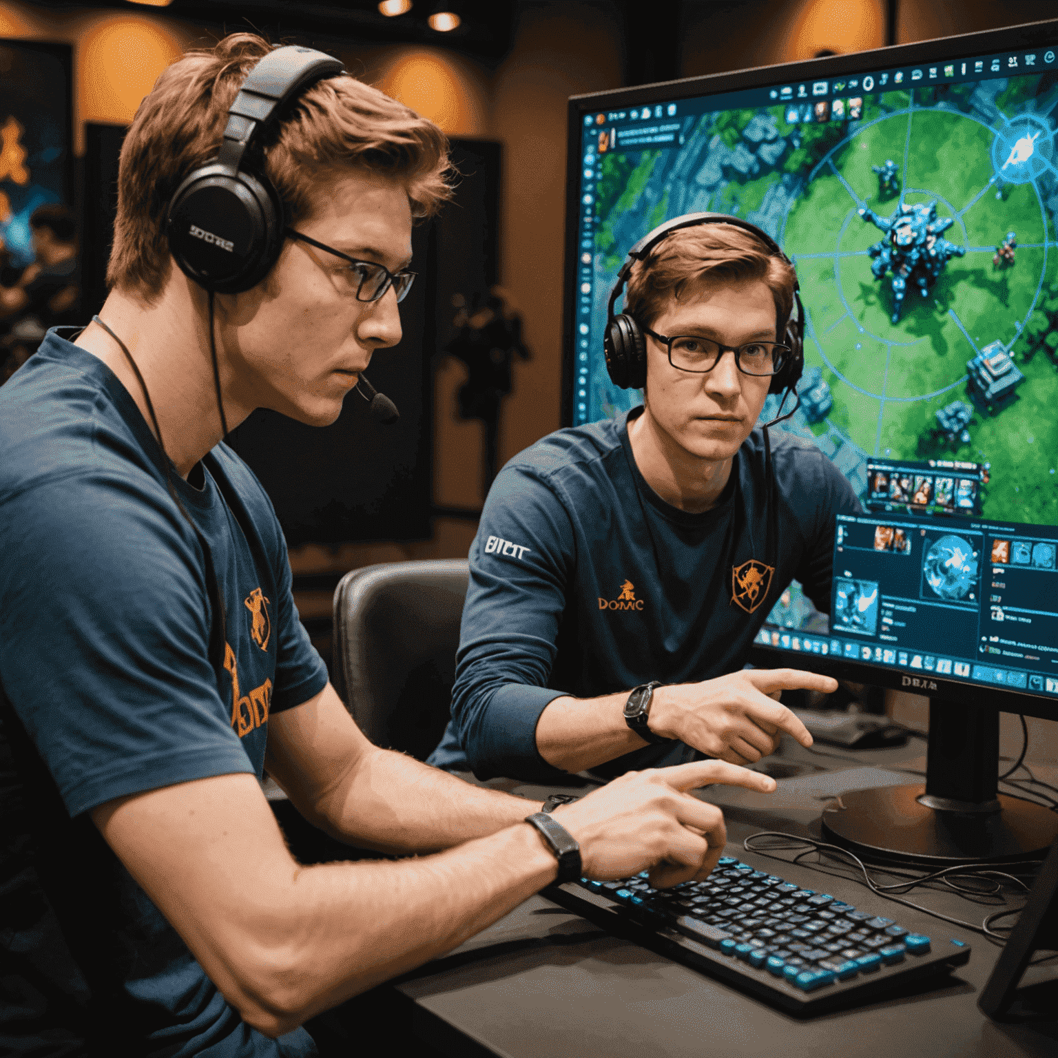A professional Dota 2 player coaching a student, pointing at a screen displaying a Dota 2 match