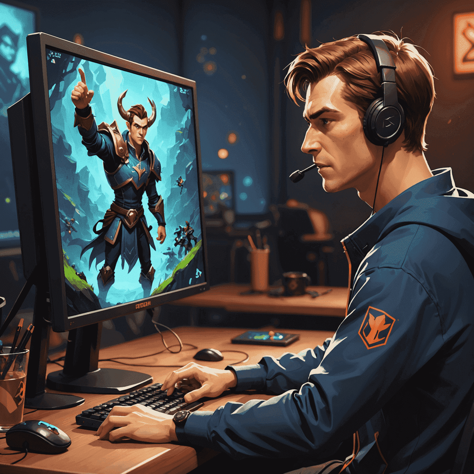 Kiszak coaching a Dota 2 player, pointing at a screen displaying a Dota 2 match