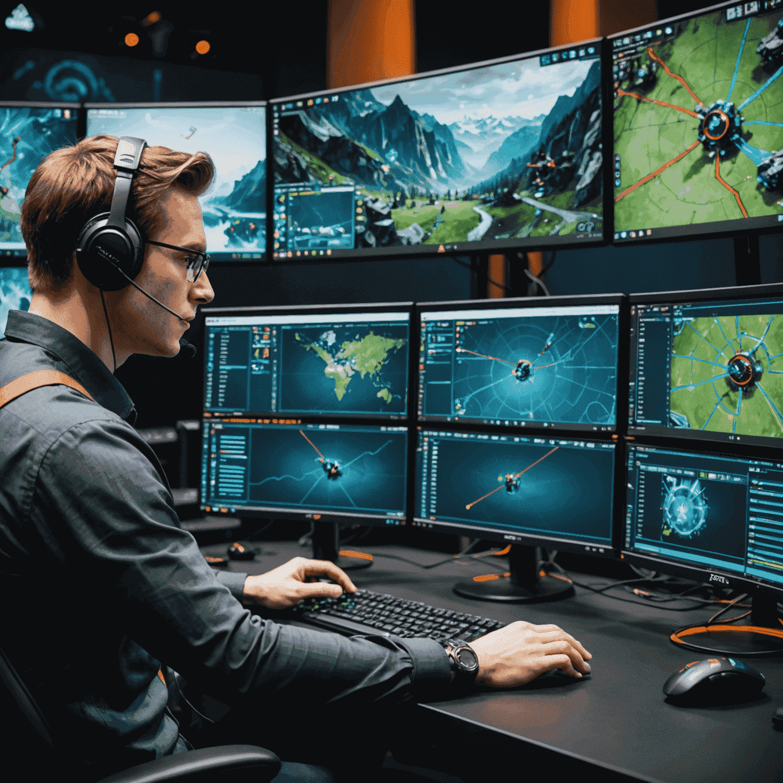 A professional Dota 2 analyst reviewing a replay on multiple screens, pointing out key moments and strategies
