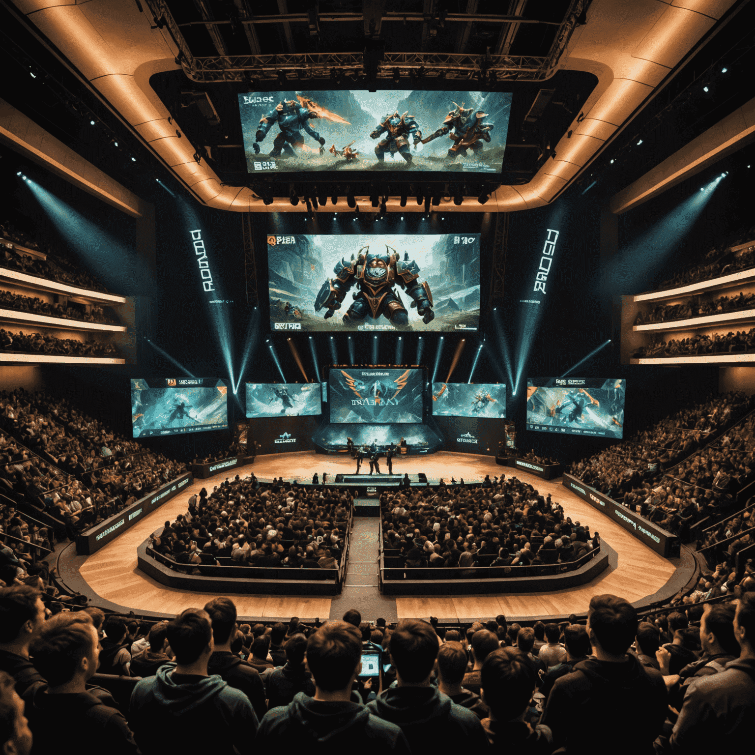 A dynamic Dota 2 tournament scene with teams competing on stage, large screens displaying the game, and an excited audience. The image showcases the intensity and excitement of competitive Dota 2 play.