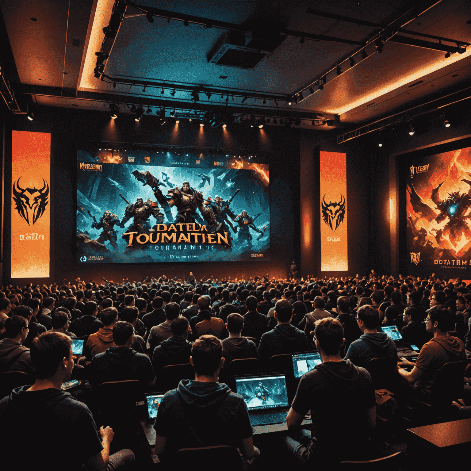 A group of excited Dota 2 fans gathered in a dimly lit room, eyes fixed on a large screen displaying a live Dota 2 tournament match. The room is decorated with Dota 2 banners and posters.