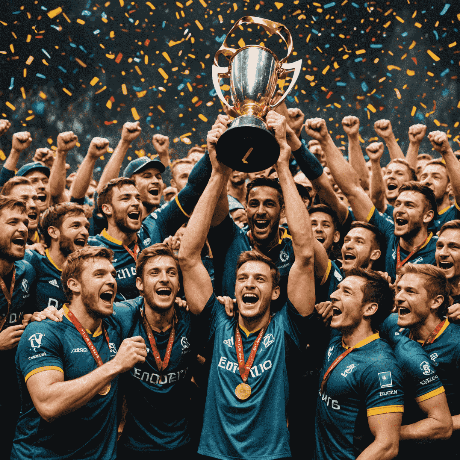 A victorious Dota 2 team holding up a trophy, with confetti falling and a cheering crowd in the background. The image captures the excitement and triumph of winning a major tournament.