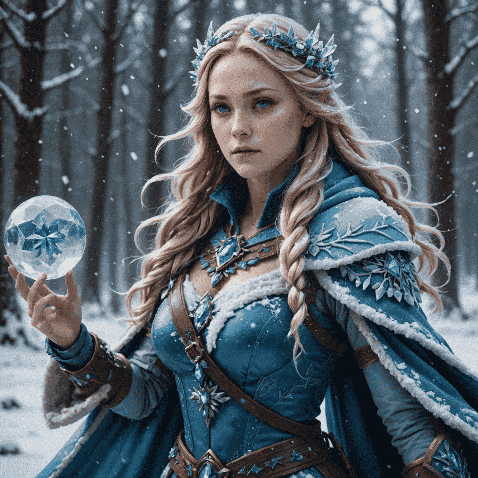 Crystal Maiden casting Freezing Field, surrounded by snowflakes and ice crystals