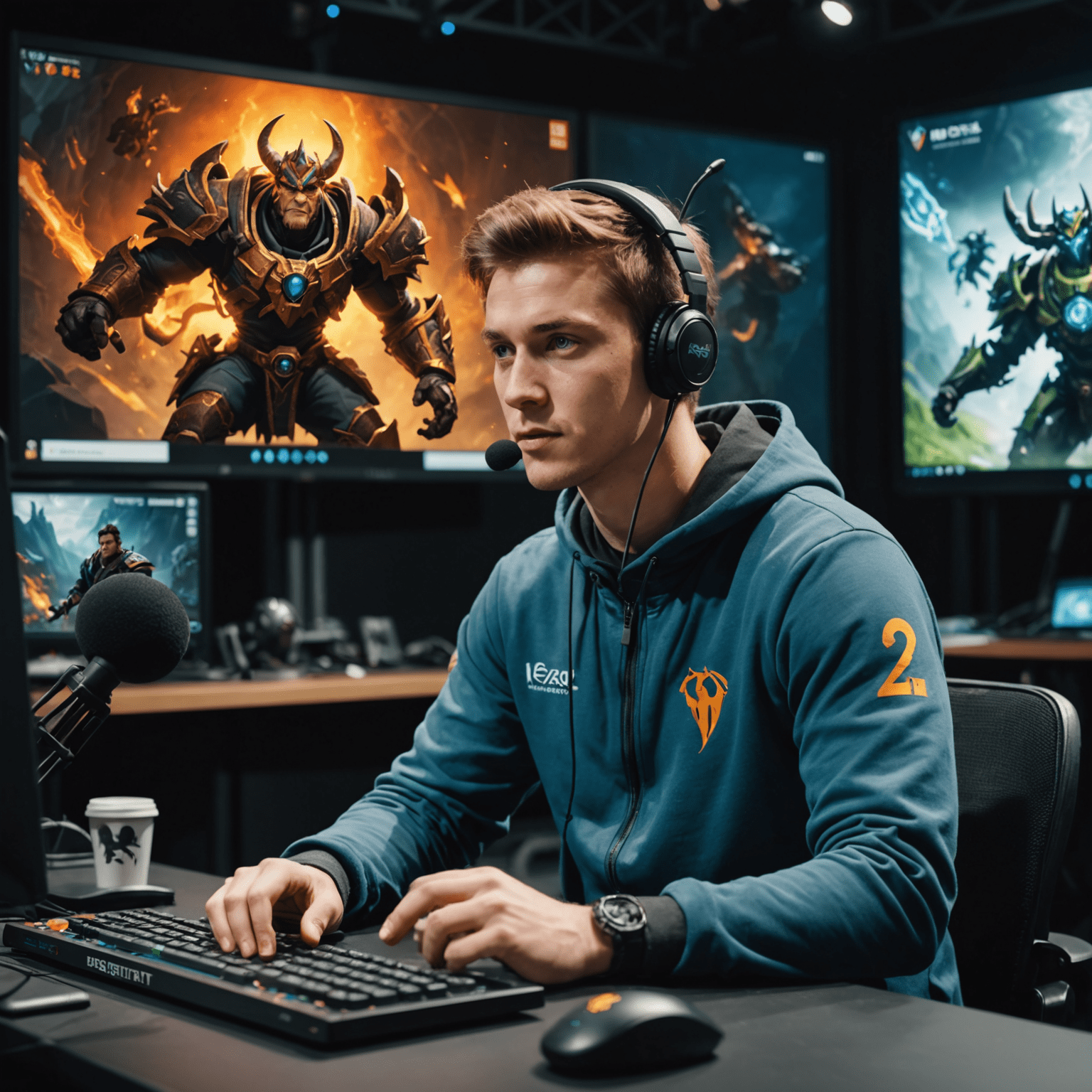 A professional Dota 2 player sitting at a desk with a microphone, answering questions from an engaged audience. The background features Dota 2 hero artwork and a large screen displaying game footage.