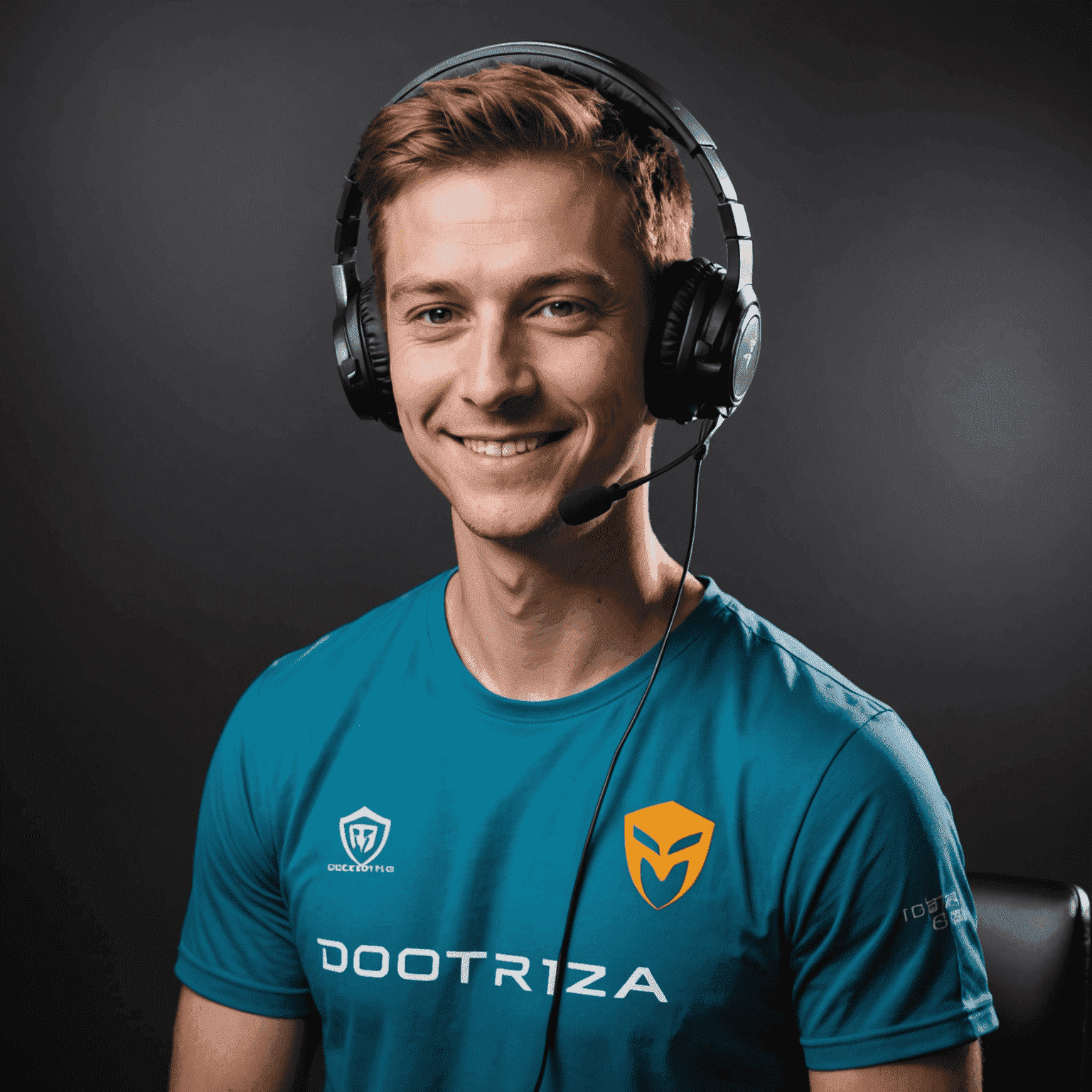 Pro player coach specializing in support roles, smiling and holding a Dota 2 themed headset