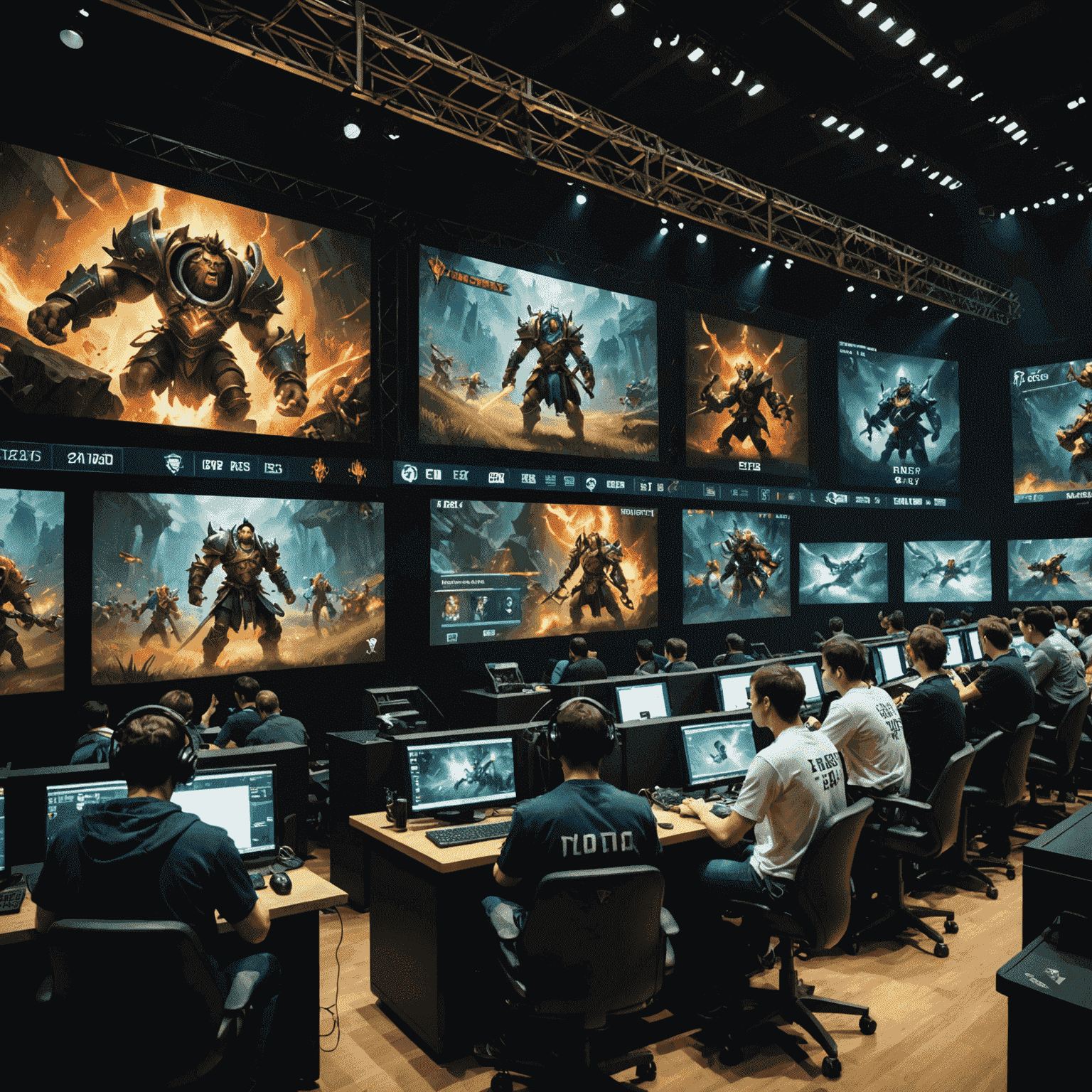A tense moment during a Dota 2 match, showing player booths on stage with large screens displaying the game action. The image conveys the high-stakes atmosphere of competitive play.