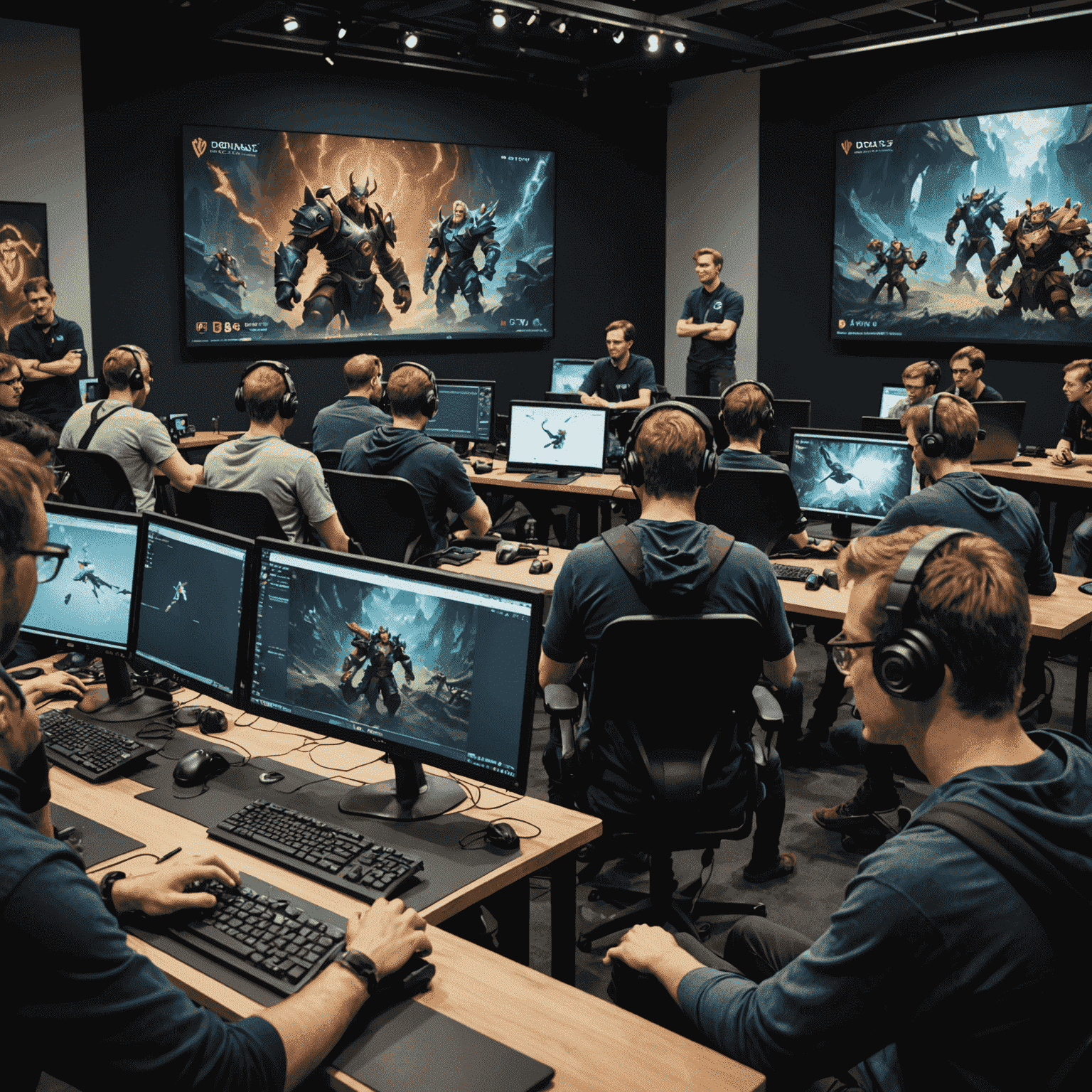 A diverse group of Dota 2 players sitting at computers, participating in an interactive workshop. A presenter is standing at the front, explaining game mechanics on a large screen.