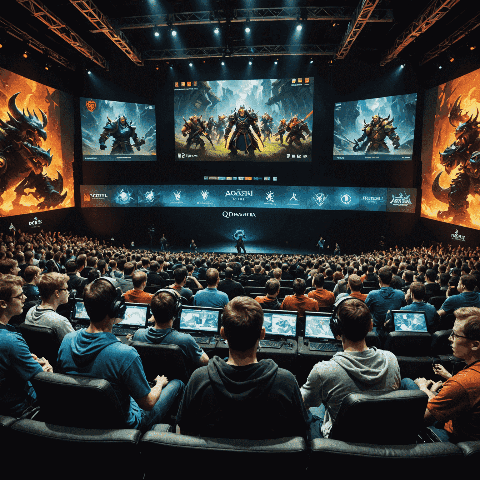 A group of Dota 2 fans watching a tournament on a big screen, with some participating in a Q&A session